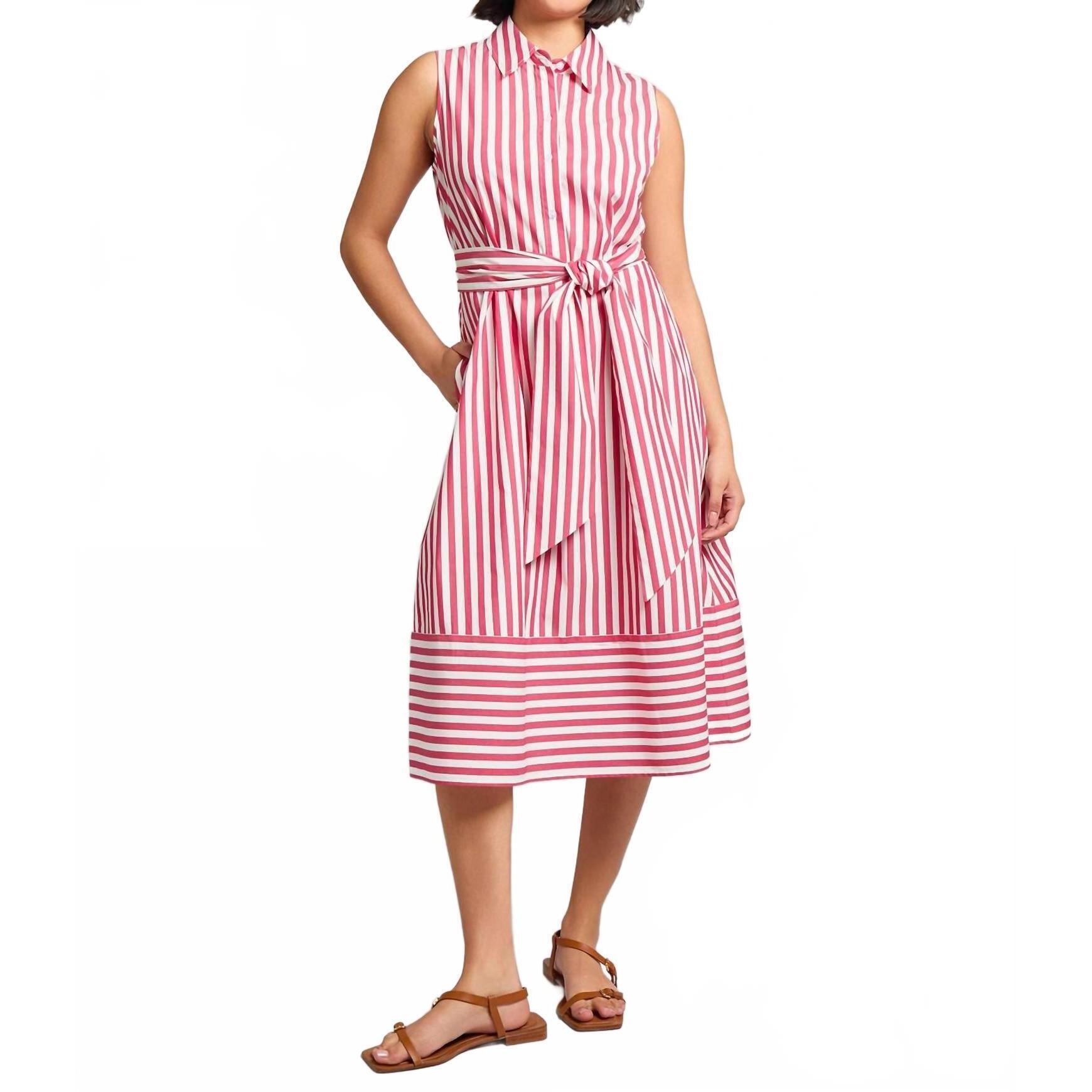 New Jones New York Striped Tie-Waist Sleeveless Dress In Rouge/White